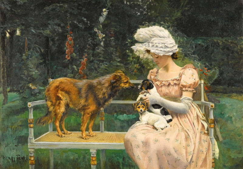 Lady with Dogs on Garden Bench - People Oil Painting - Oil Painting Haven