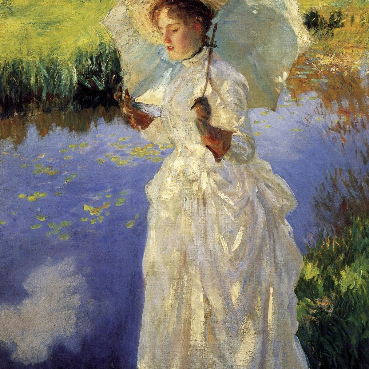 Lady with Parasol by the Water Garden - People Oil Painting - Oil Painting Haven