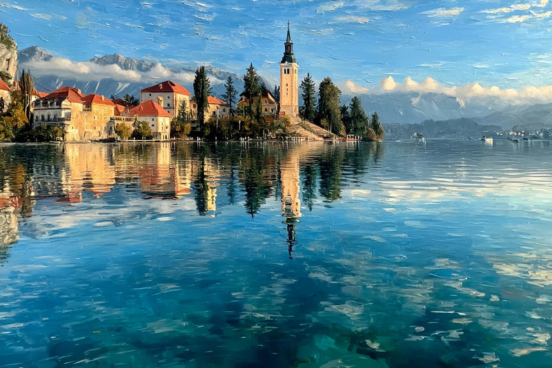 Lake Bled Church Original Oil Painting For Sale | Landscape - Oil Painting Haven