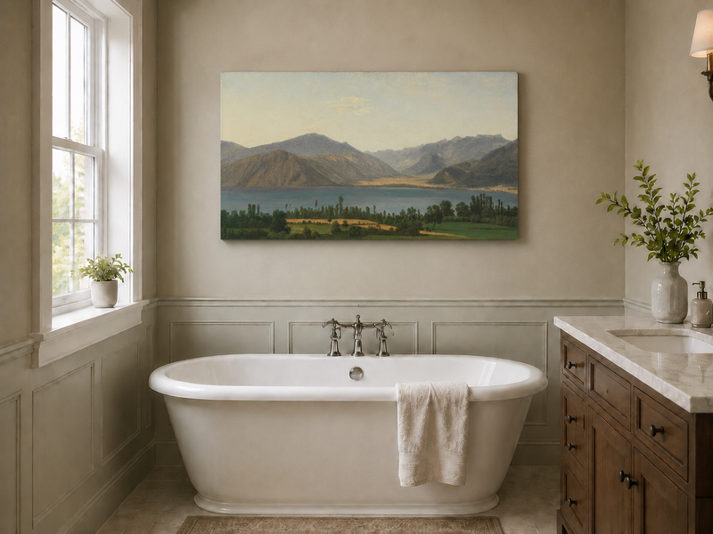 Hand-painted Lake Fucino and Abruzzi Mountains landscape oil painting displayed in a bathroom interior above a bathtub.