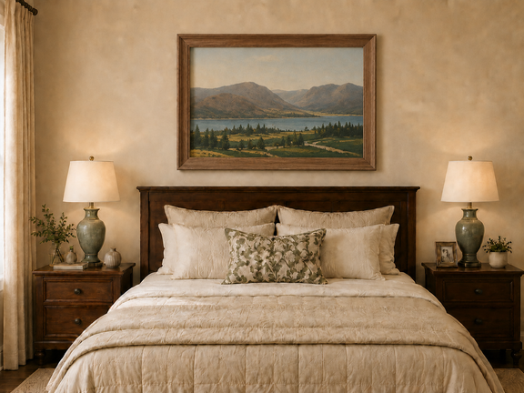 Hand-painted Lake Fucino and Abruzzi Mountains landscape oil painting displayed above a bed in a bedroom interior.