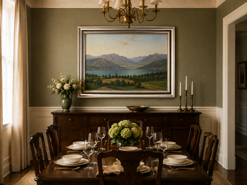 Hand-painted Lake Fucino and Abruzzi Mountains landscape oil painting displayed in a dining room interior.