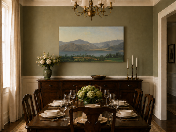 Hand-painted Lake Fucino and Abruzzi Mountains landscape oil painting displayed in a dining room interior.