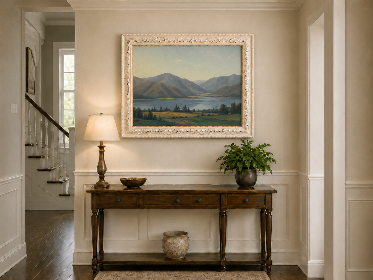 Hand-painted Lake Fucino and Abruzzi Mountains landscape oil painting displayed above a console table in a hallway interior.