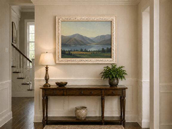 Hand-painted Lake Fucino and Abruzzi Mountains landscape oil painting displayed above a console table in a hallway interior.