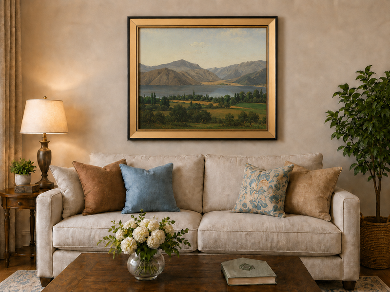 Hand-painted Lake Fucino and Abruzzi Mountains landscape oil painting displayed above a sofa in a living room interior.