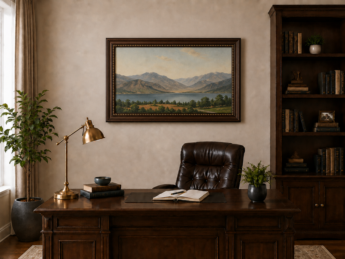 Hand-painted Lake Fucino and Abruzzi Mountains landscape oil painting displayed above a desk in a home office interior.