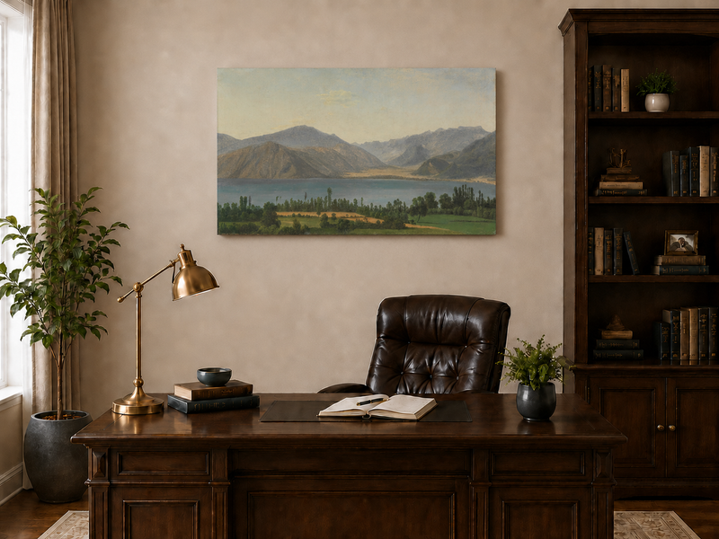 Hand-painted Lake Fucino and Abruzzi Mountains landscape oil painting displayed above a desk in a home office interior.