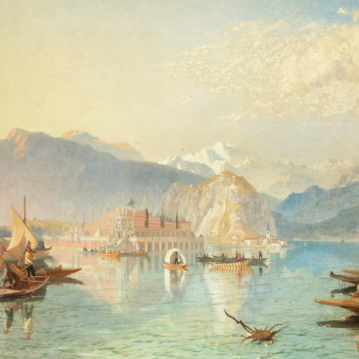 Hand-painted lake harbor with alpine palace nautical oil painting on canvas