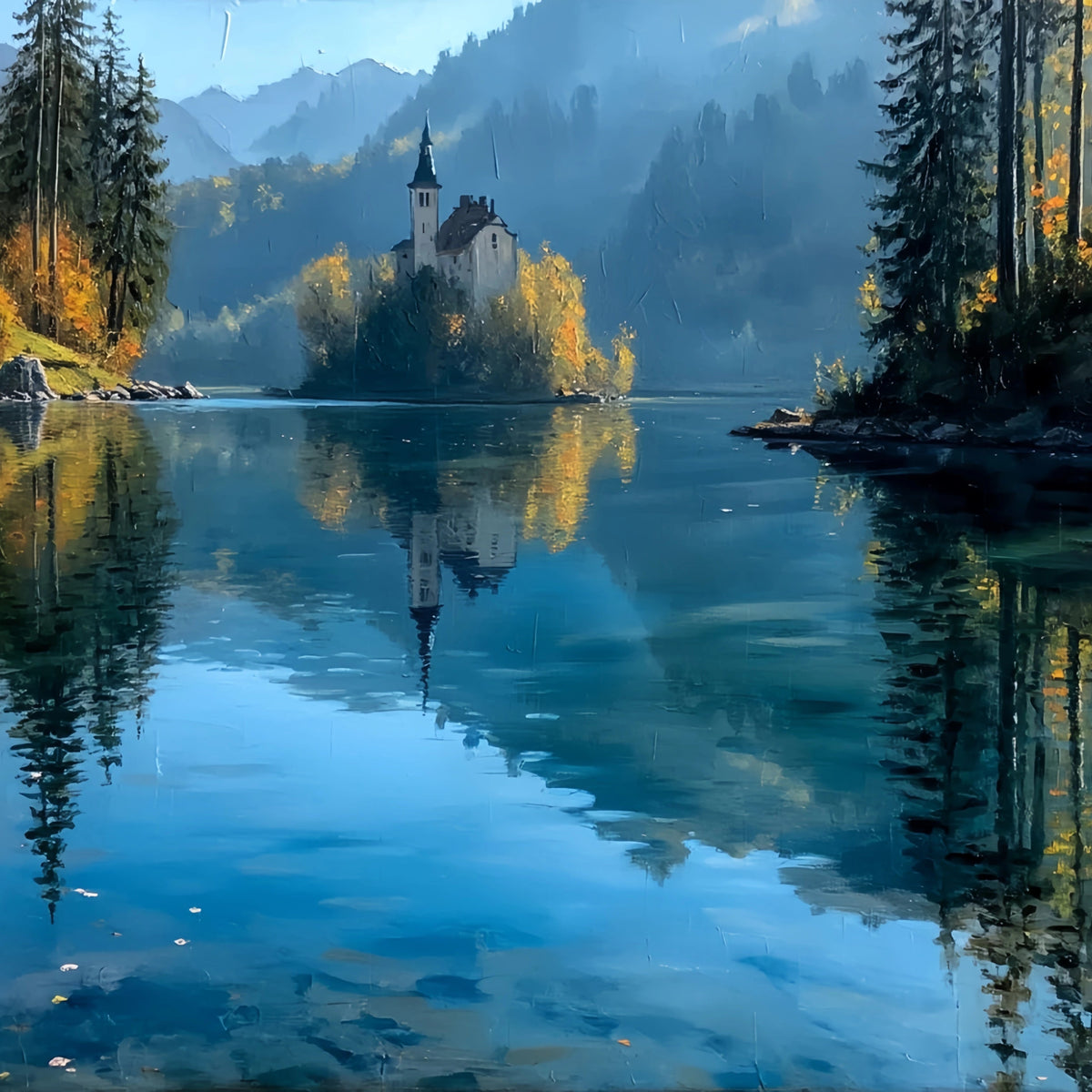 Lake Island Church Original Oil Painting For Sale | Landscape - Oil Painting Haven