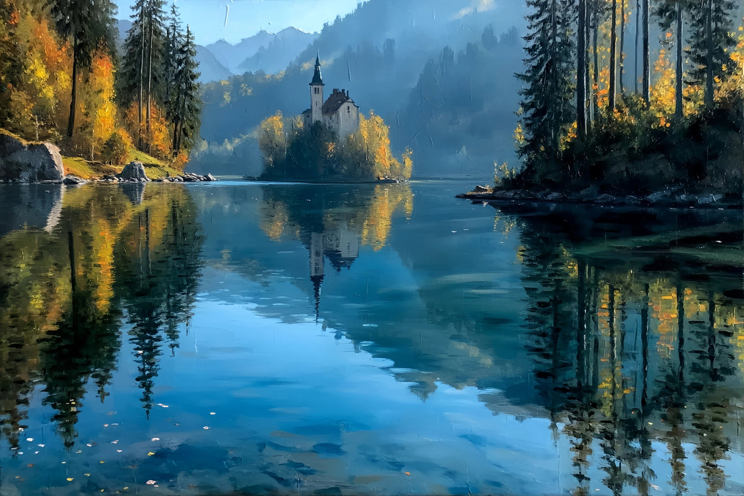 Lake Island Church Original Oil Painting For Sale | Landscape - Oil Painting Haven