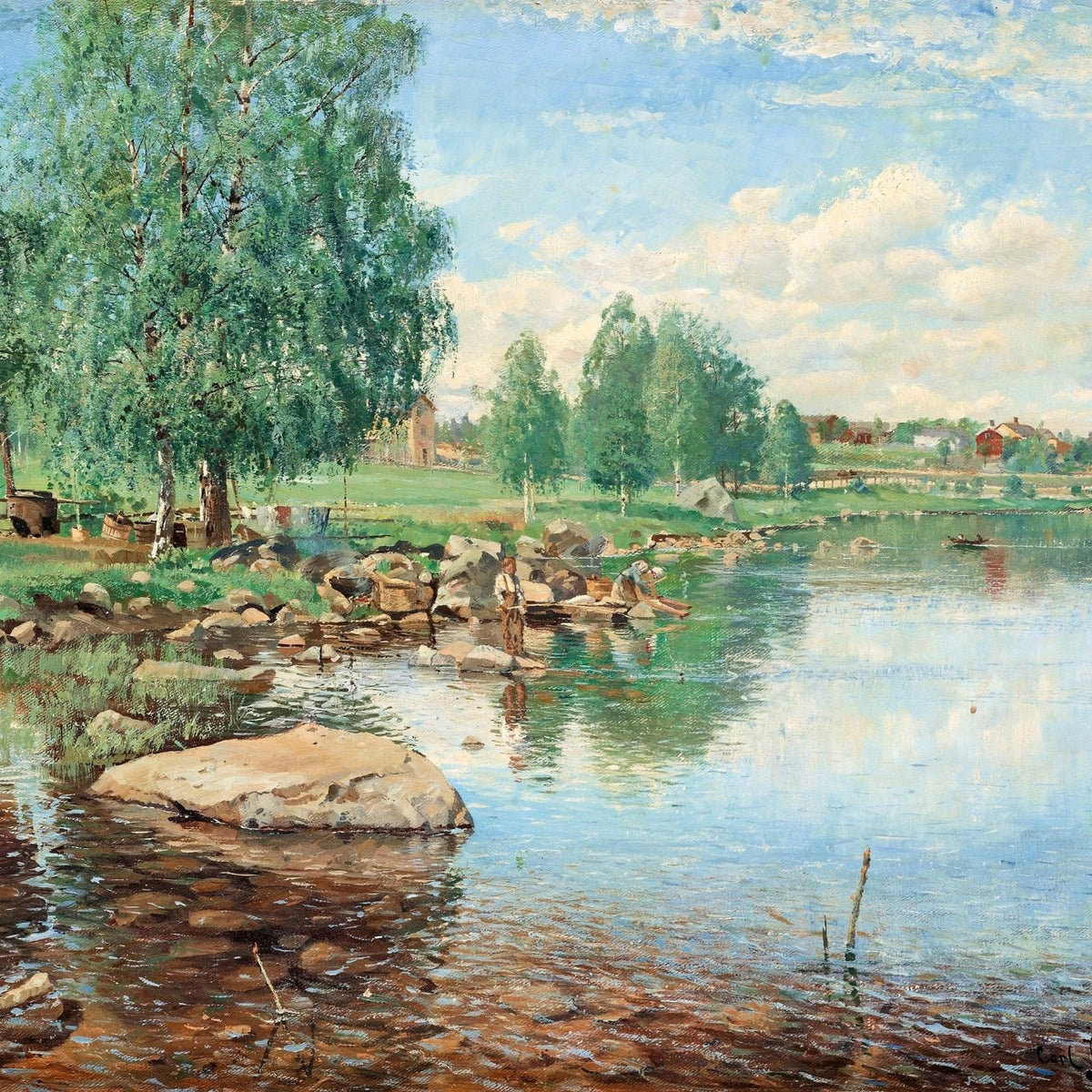 Lakeside Birch Trees with Figures – Landscape Oil Painting - Oil Painting Haven