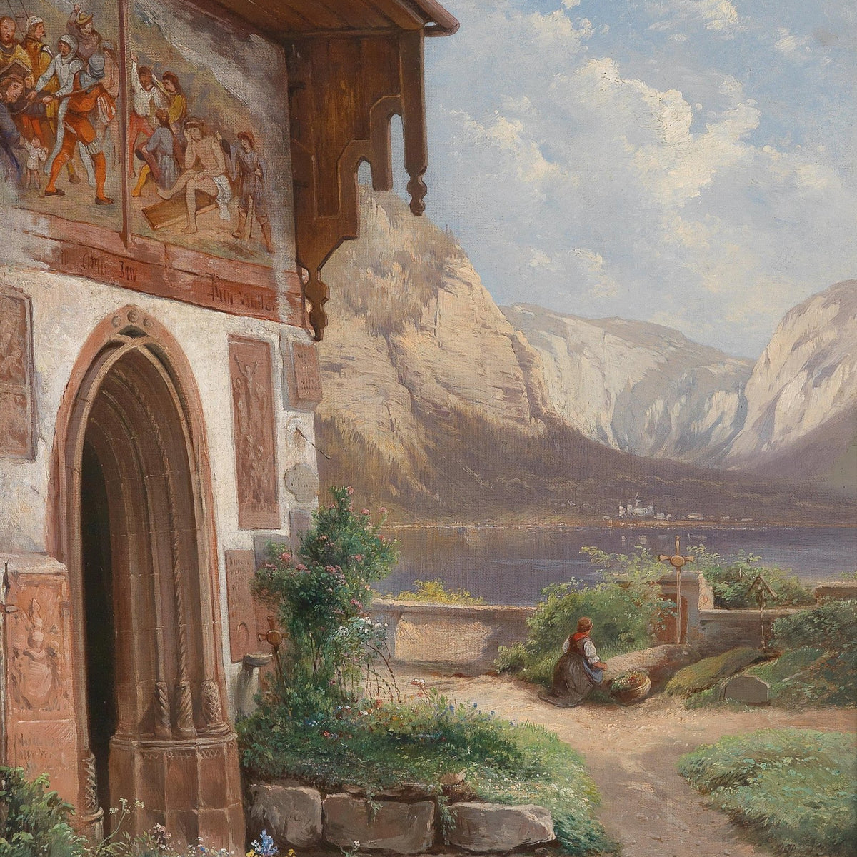 Lakeside Chapel with Alpine Mountains – Landscape Oil Painting - Oil Painting Haven