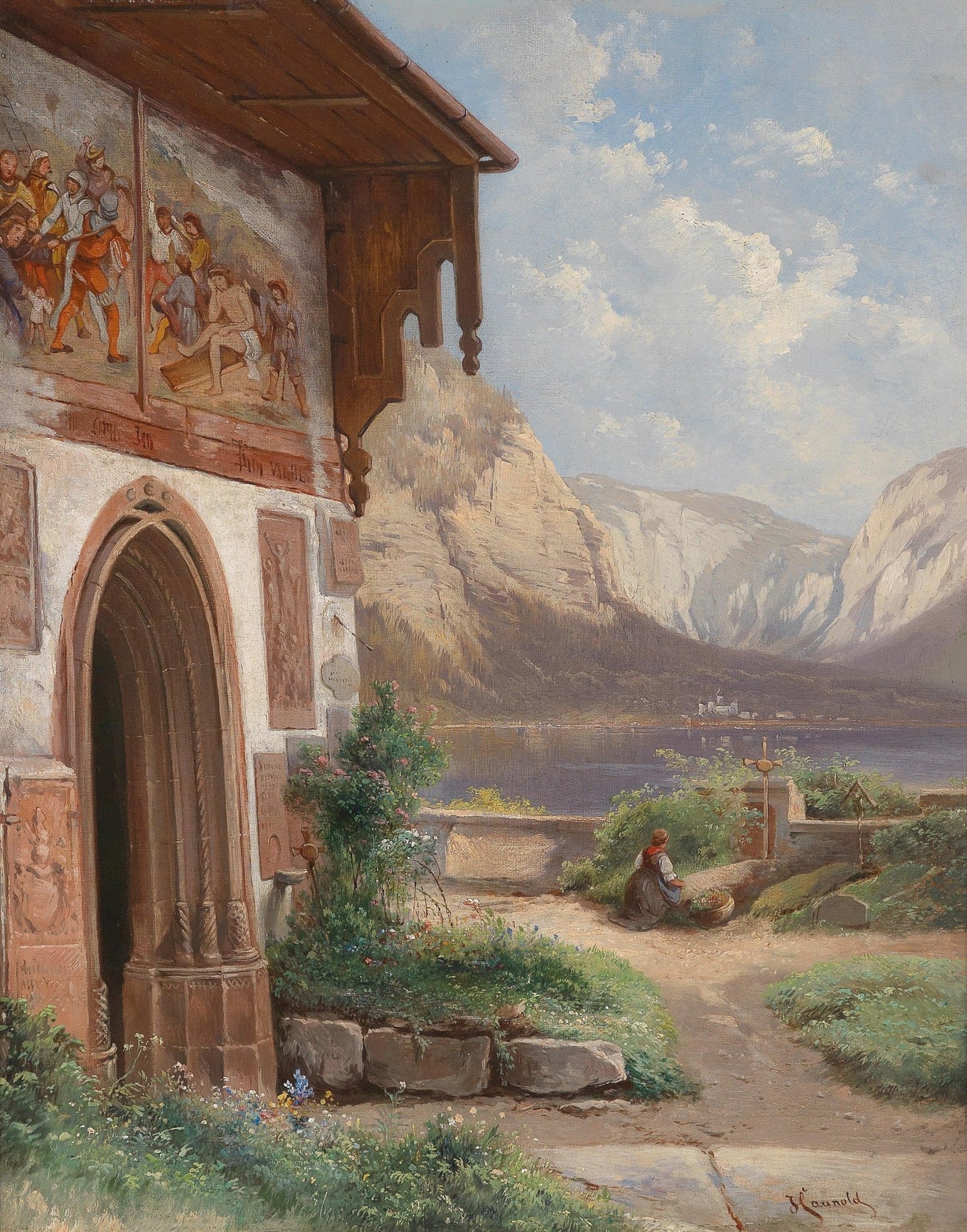 Lakeside Chapel with Alpine Mountains – Landscape Oil Painting - Oil Painting Haven