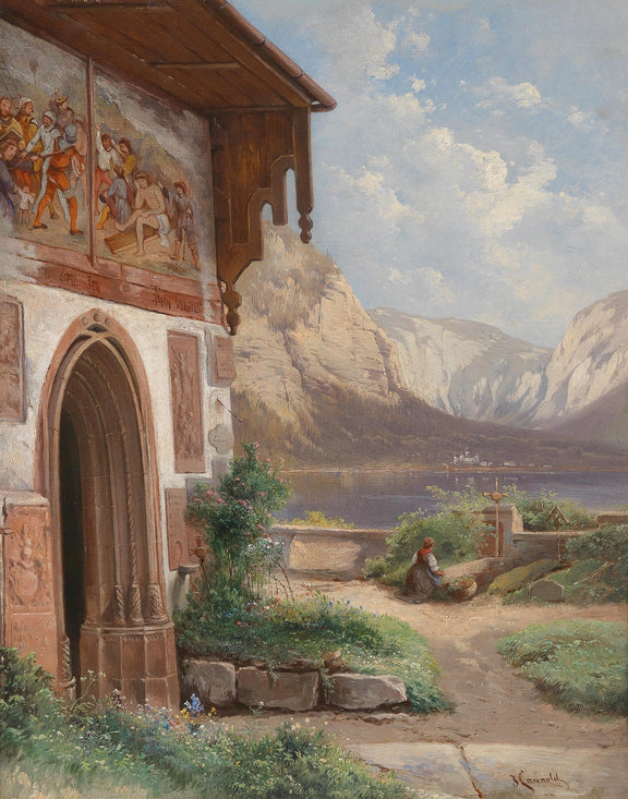 Lakeside Chapel with Alpine Mountains – Landscape Oil Painting - Oil Painting Haven