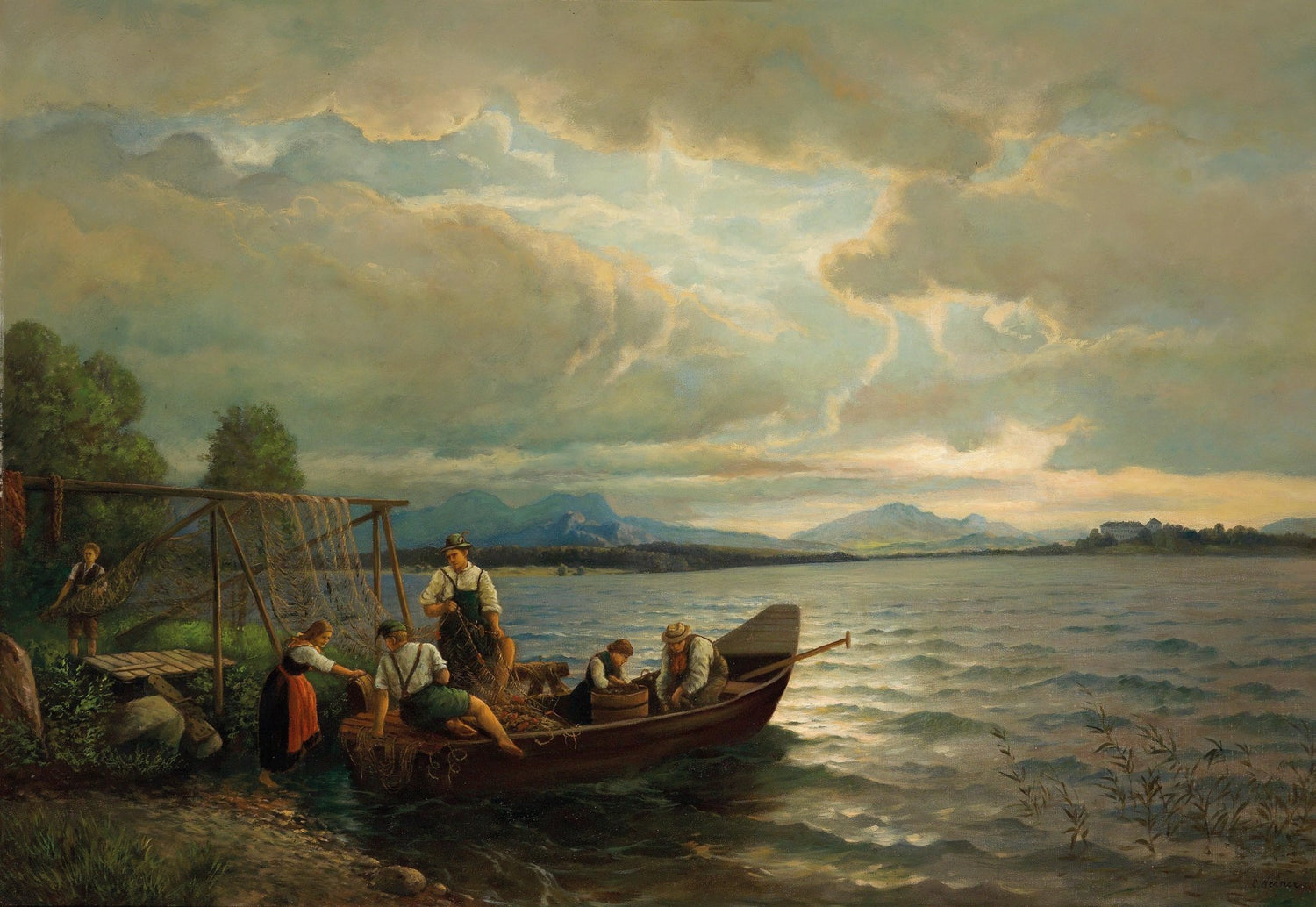 Lakeside Fishermen at Dusk | Hand - Painted European Oil Painting - Oil Painting Haven