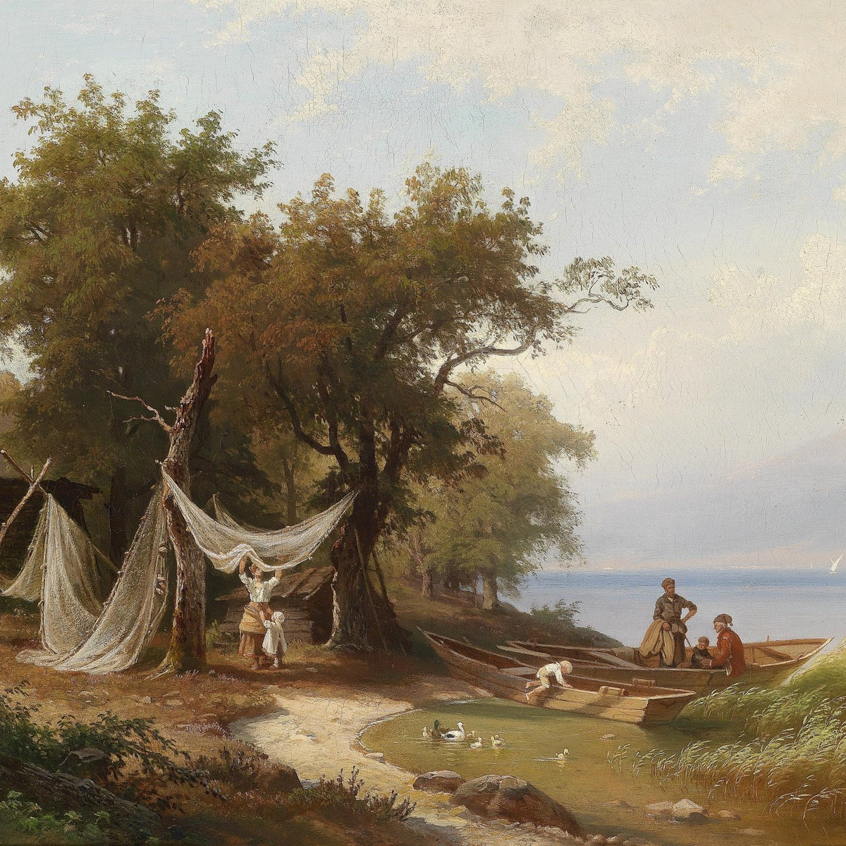 Lakeside Fishermen Scene | Hand - Painted Landscape Oil Painting - Oil Painting Haven