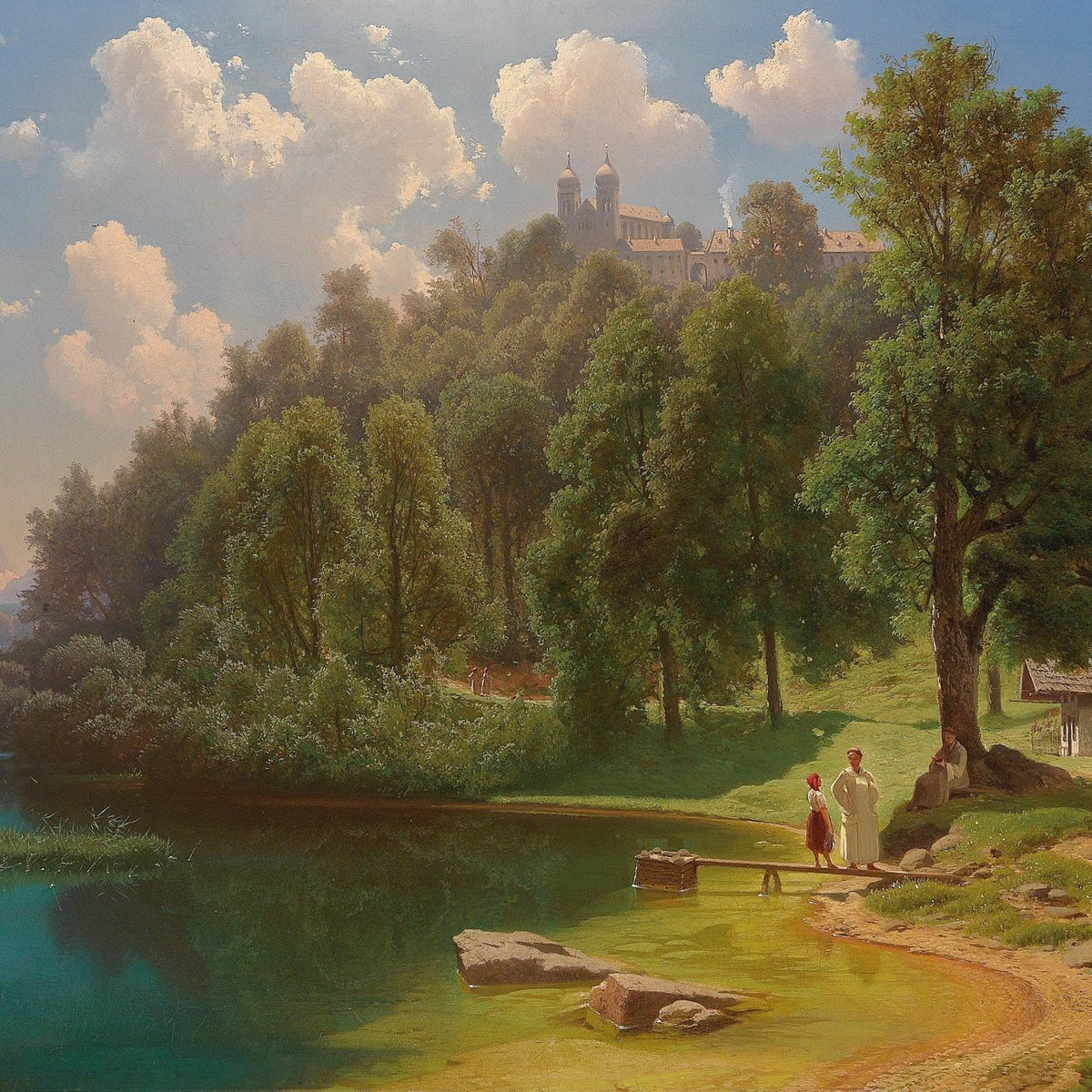 Lakeside Forest with Figures, Distant Abbey – Landscape Oil Painting - Oil Painting Haven