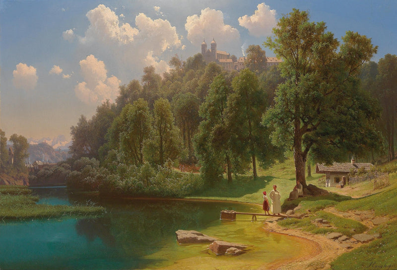 Lakeside Forest with Figures, Distant Abbey – Landscape Oil Painting - Oil Painting Haven