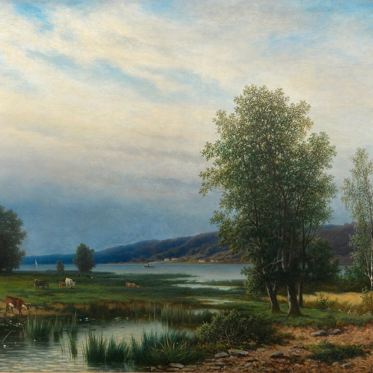 Lakeside Meadow with Grazing Cattle – Landscape Oil Painting - Oil Painting Haven
