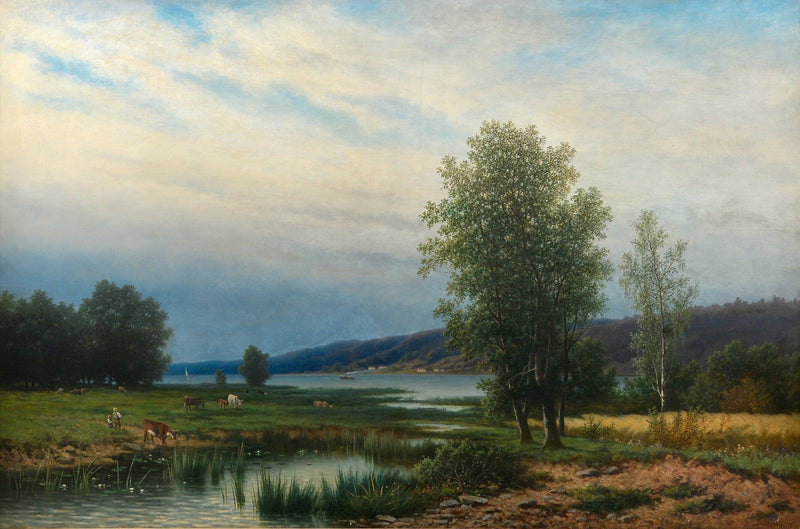 Lakeside Meadow with Grazing Cattle – Landscape Oil Painting - Oil Painting Haven