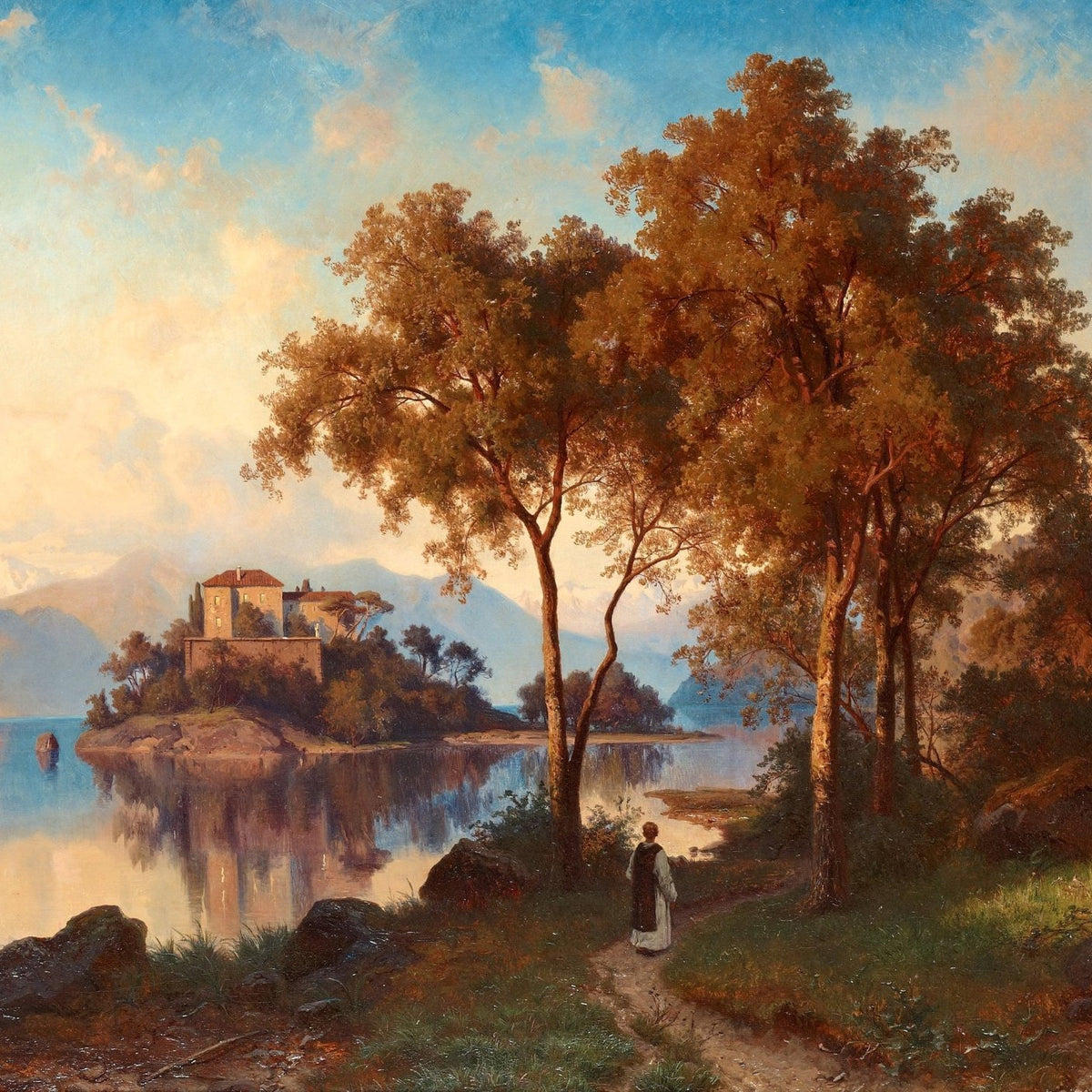 Lakeside Path with Island Estate at Sunset – Landscape Oil Painting - Oil Painting Haven