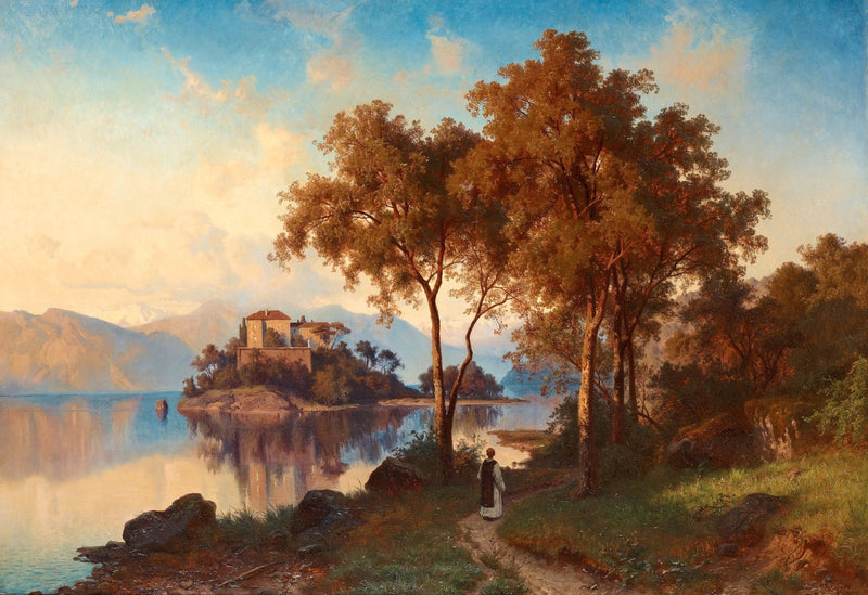 Lakeside Path with Island Estate at Sunset – Landscape Oil Painting - Oil Painting Haven