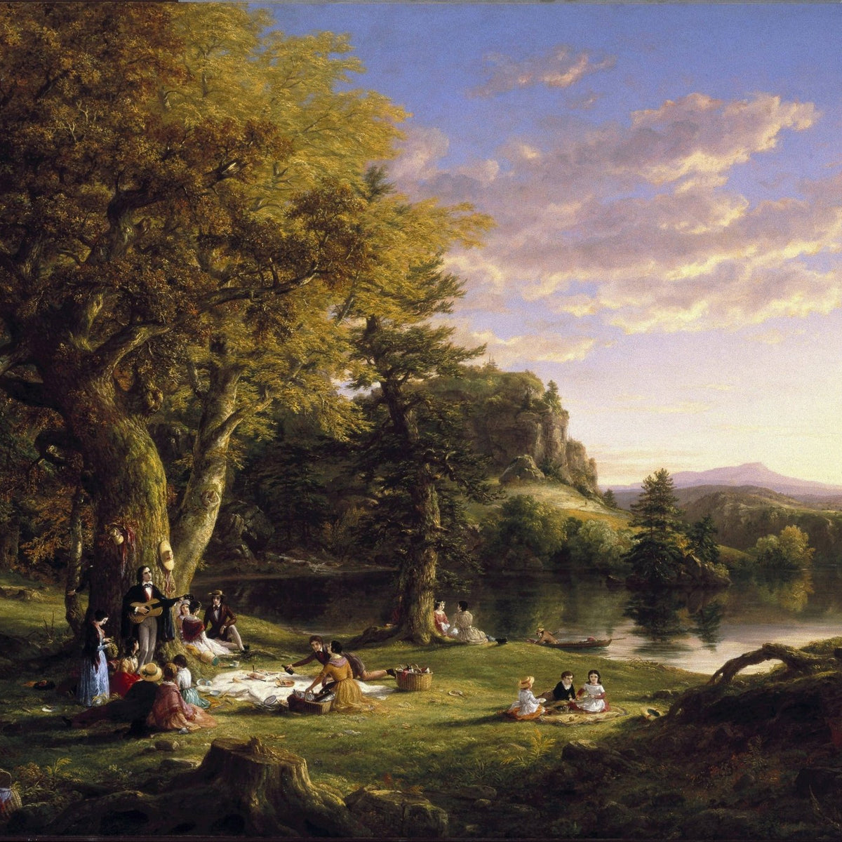 Lakeside Picnic Scene, Forest at Sunset – Landscape Oil Painting - Oil Painting Haven