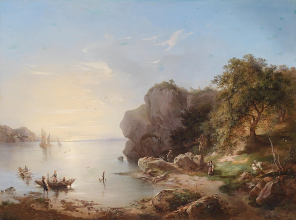 Lakeside Scene with Boats, Figures, and Cliffs – Landscape Oil Painting - Oil Painting Haven