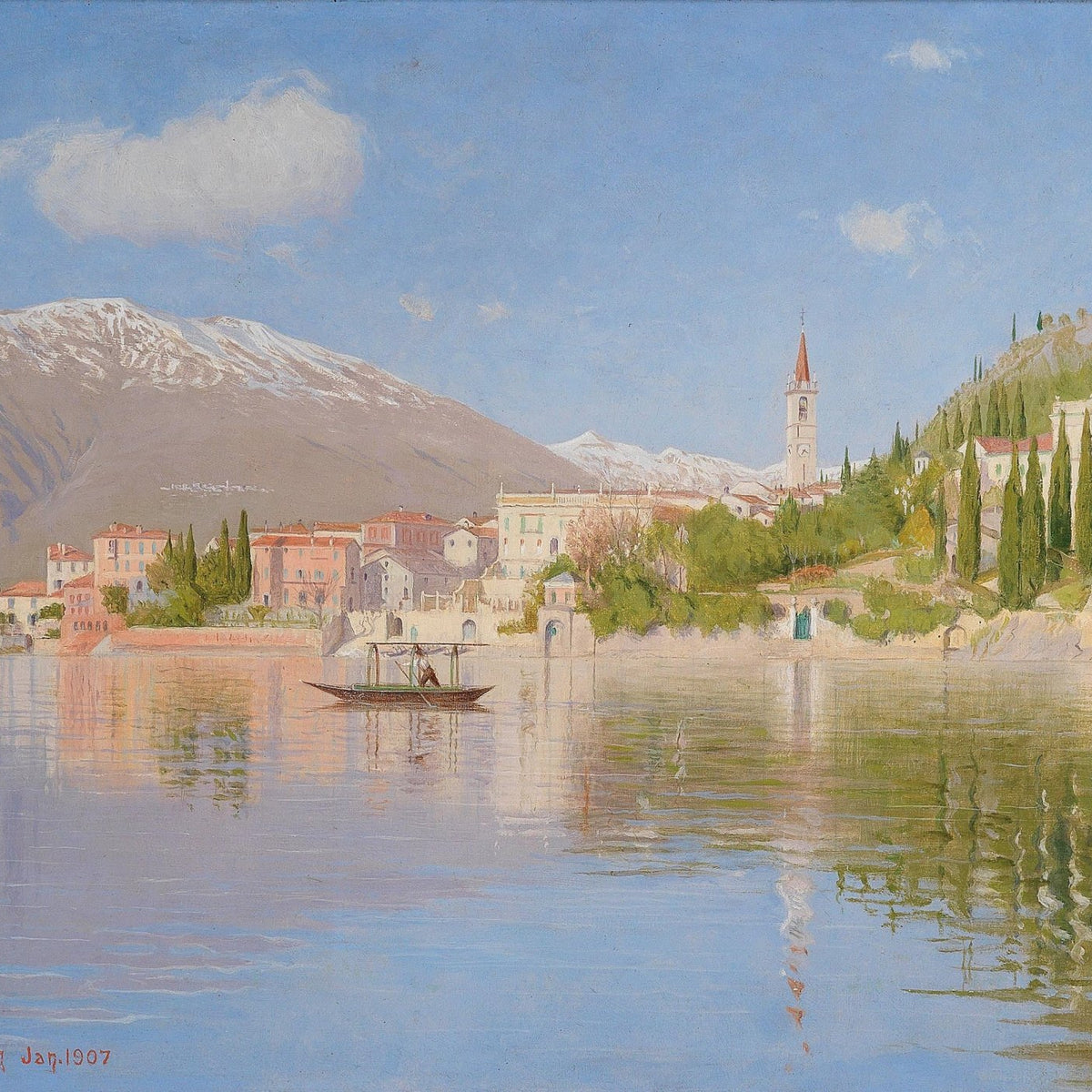 Lakeside Town with Church and Mountains – Landscape Oil Painting - Oil Painting Haven