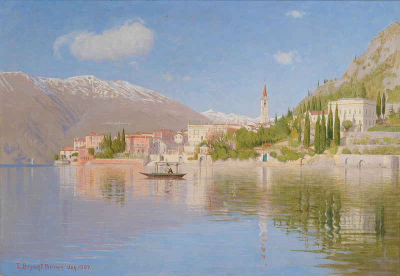 Lakeside Town with Church and Mountains – Landscape Oil Painting - Oil Painting Haven