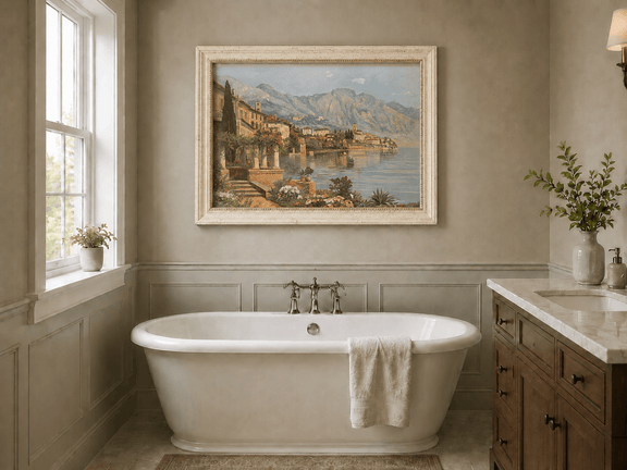 Framed hand-painted lakeside village oil painting with flowers and mountains displayed above a freestanding bathtub.