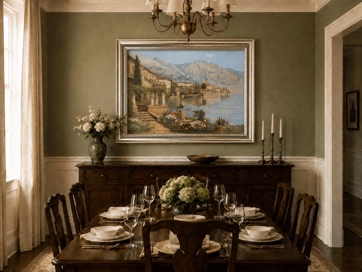 Framed hand-painted lakeside village oil painting with flowers and mountains displayed above a formal dining table.