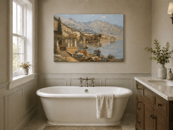 Unframed hand-painted lakeside village oil painting with flowers and mountains displayed above a freestanding bathtub.