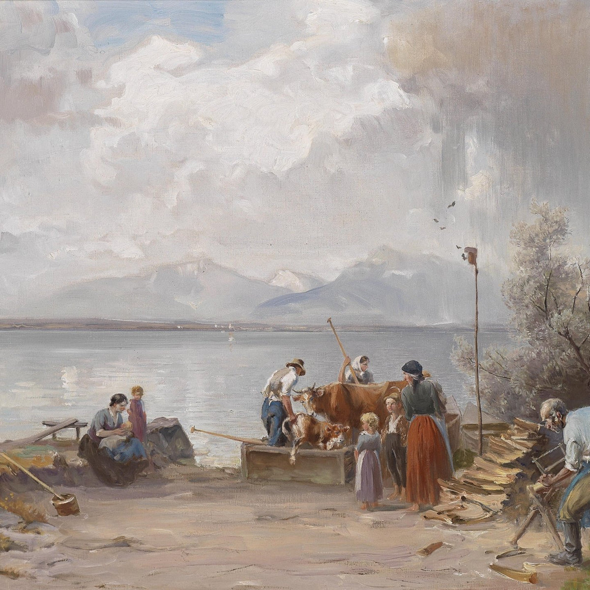 Lakeside Village Life with Farmers and Cattle - People Oil Painting - Oil Painting Haven