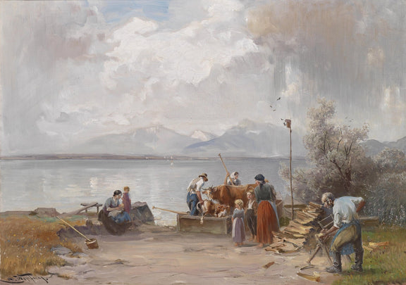 Lakeside Village Life with Farmers and Cattle - People Oil Painting - Oil Painting Haven