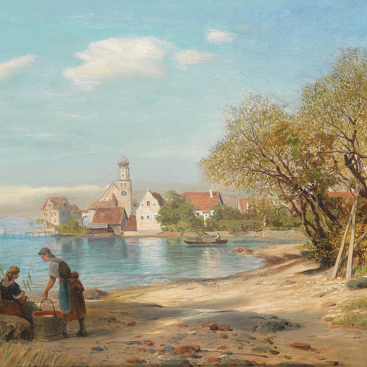 Lakeside Village Sunny Day – Hand - Painted Landscape Oil Painting - Oil Painting Haven