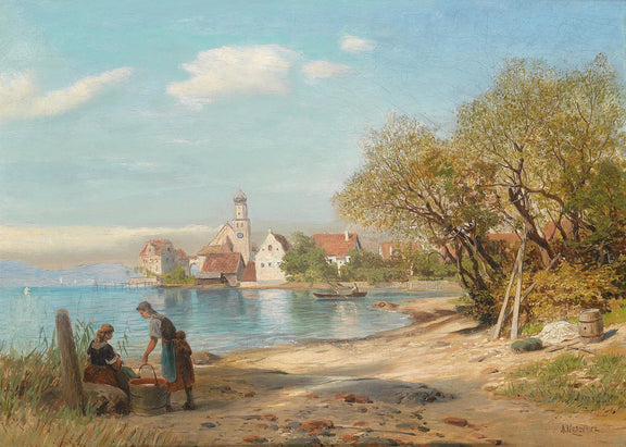 Lakeside Village Sunny Day – Hand - Painted Landscape Oil Painting - Oil Painting Haven
