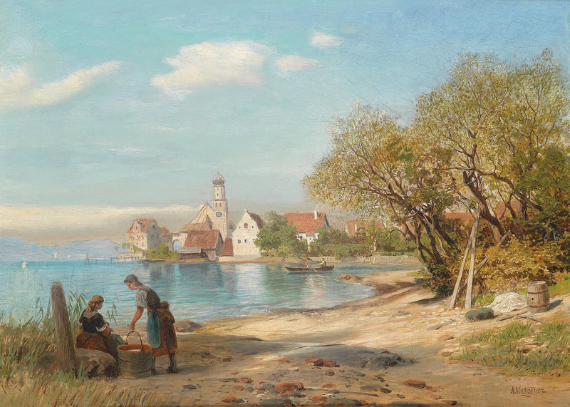 Lakeside Village Sunny Day – Hand - Painted Landscape Oil Painting - Oil Painting Haven