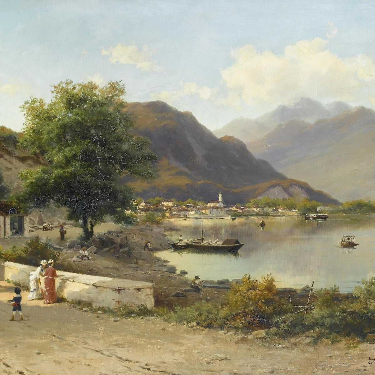Lakeside Village with Boats and Mountains - Landscape Oil Painting - Oil Painting Haven