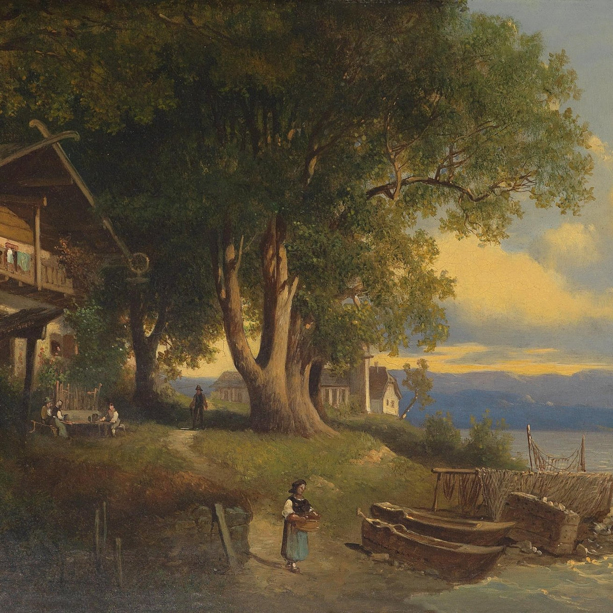 Lakeside Village with Trees, Boats, Figures – Landscape Oil Painting - Oil Painting Haven