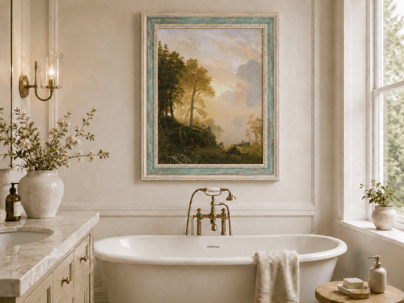 Framed hand-painted lakeside woodland oil painting with a camp, angler and misty peaks displayed above a freestanding bathtub.