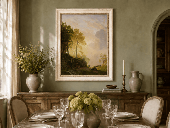 Framed hand-painted lakeside woodland oil painting with a camp, angler and misty peaks displayed above a formal dining table.