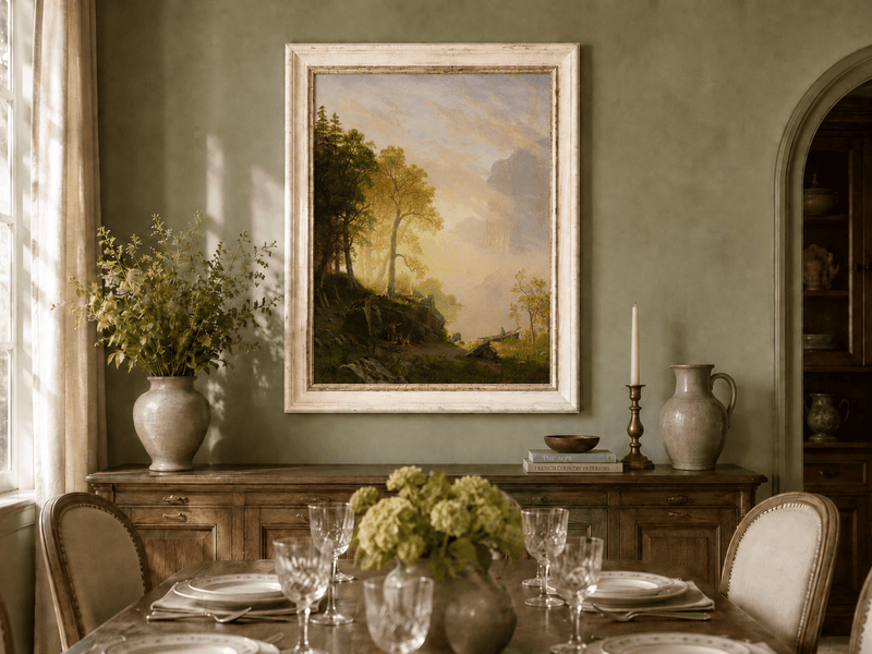 Framed hand-painted lakeside woodland oil painting with a camp, angler and misty peaks displayed above a formal dining table.