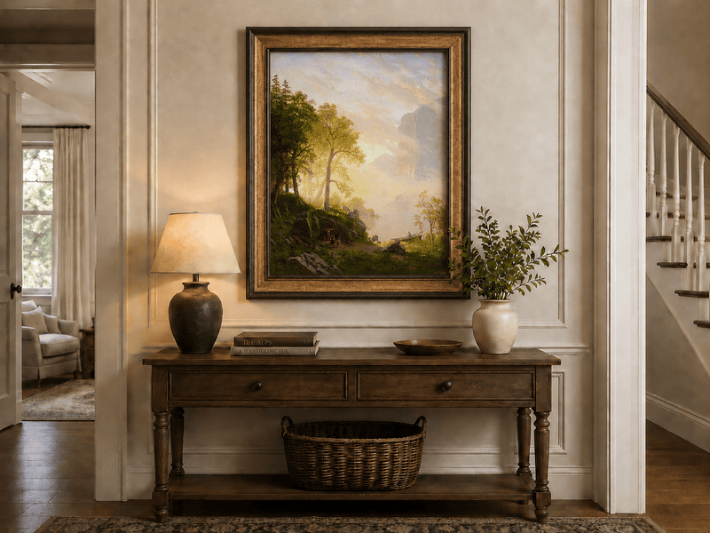 Framed hand-painted lakeside woodland oil painting with a camp, angler and misty peaks displayed above an entryway console table.