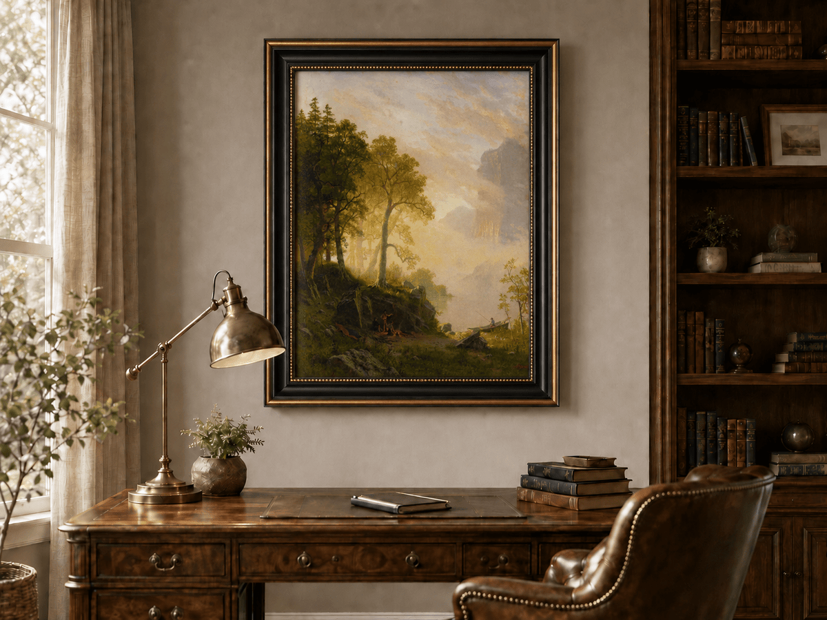 Framed hand-painted lakeside woodland oil painting with a camp, angler and misty peaks displayed above a traditional home office desk.