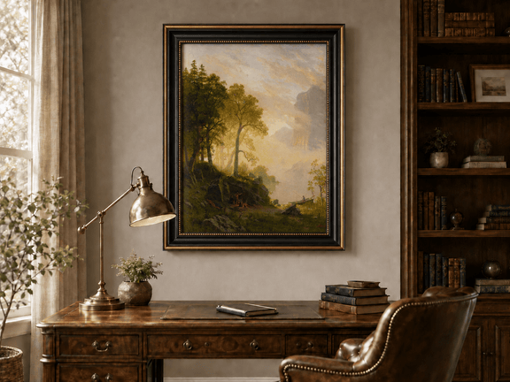 Framed hand-painted lakeside woodland oil painting with a camp, angler and misty peaks displayed above a traditional home office desk.