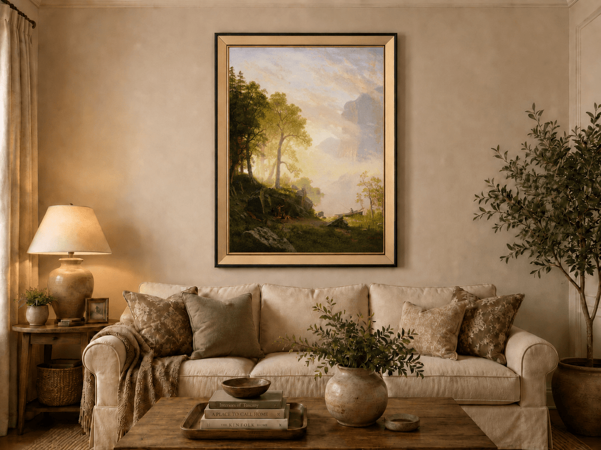 Framed hand-painted lakeside woodland oil painting with a camp, angler and misty peaks displayed above a neutral living room sofa.