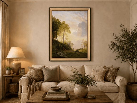 Framed hand-painted lakeside woodland oil painting with a camp, angler and misty peaks displayed above a neutral living room sofa.