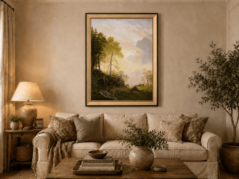 Framed hand-painted lakeside woodland oil painting with a camp, angler and misty peaks displayed above a neutral living room sofa.
